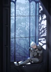  1girl absurdres arched_window armor breastplate crossed_arms full_body highres hugging_own_leg knee_up light_particles light_rays moonlight nephis_(shadow_slave) shadow shadow_slave short_hair shoulder_armor solo thenii tree white_hair window windowsill 