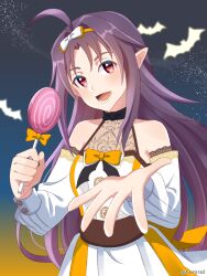  1girl :d absurdres ahoge artist_name bare_shoulders bat_(animal) blue_background bow breasts brown_sash brown_trim candy chest_bow collarbone commentary_request dress food gradient_background grey_background halloween hands_up highres holding holding_candy holding_food holding_lollipop lace-trimmed_sleeves lace_trim light_particles lollipop long_hair long_sidelocks long_sleeves lower_teeth_only official_alternate_costume open_mouth orange_background orange_bow orange_dress outstretched_hand pointy_ears purple_hair red_eyes sidelocks sleeveless sleeveless_dress small_breasts smile solo swirl_lollipop sword_art_online teeth tongue tu_tora2 twitter_username two-tone_dress upper_body watermark white_dress white_sleeves yellow_trim yuuki_(sao) 
