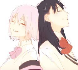  2girls back-to-back black_hair bow bowtie cardigan closed_eyes collared_shirt commentary gridman_universe jacket long_hair medium_hair multiple_girls parsley_(artist) parted_lips pink_hair purple_bow purple_bowtie purple_jacket red_bow red_bowtie school_uniform shinjou_akane shirt smile ssss.gridman takarada_rikka white_background white_cardigan white_shirt yuri 