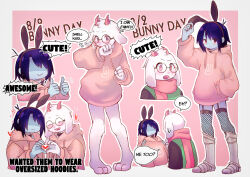  1boy 1other absurdres animal_ears armor bare_legs barefoot blue_hair blue_skin blush bunny_day colored_skin deltarune drawstring english_text expressionless furry furry_male garter_straps glasses goat_boy goat_ears green-framed_eyewear highres hood hood_down hoodie horns koeshi531 kris_(dark_world)_(deltarune) kris_(deltarune) leg_armor long_sleeves open_mouth oversized_clothes pink_hoodie pink_scarf rabbit_ears rabbit_symbol ralsei round_eyewear scarf short_hair smile surprised utdr_(toby_fox) white_fur 