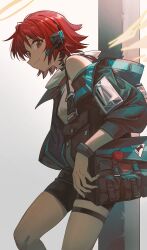  1girl absurdres against_wall arknights backlighting bag bare_shoulders black_background black_shorts blue_jacket bracelet breasts commentary energy_wings exusiai_(arknights) exusiai_(midnight_delivery)_(arknights) feet_out_of_frame flipped_hair halo headset highres hongchamashu jacket jewelry kneehighs looking_at_viewer medium_breasts open_clothes open_jacket red_hair rhodes_island_logo_(arknights) shirt short_hair shorts simple_background smile socks solo thigh_strap tomato untranslatable_commentary white_background white_shirt yellow_eyes 