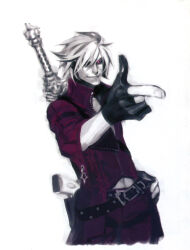  1boy belt black_gloves coat dante_(devil_may_cry) devil_may_cry_(series) fingerless_gloves gloves highres jacket looking_at_viewer male_focus miwa_shirow multiple_belts pants pointing pointing_at_viewer popped_collar rebellion_(sword) red_coat red_eyes scan short_hair simple_background smile solo sword weapon white_hair zipper 