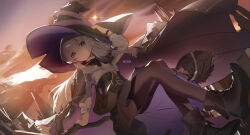  1girl artist_name bag black_cloak black_pantyhose boots broom broom_riding chinese_commentary cloak commentary_request dress elaina_(majo_no_tabitabi) glint hat highres large_hat long_hair long_sleeves majo_no_tabitabi pantyhose purple_hair shoes sitting smile solo white_hair wiersa witch witch_hat 