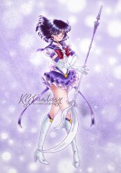  1girl aged_up back_bow bishoujo_senshi_sailor_moon black_hair boots bow brooch choker circlet collarbone earrings elbow_gloves gloves high_heels highres jewelry k.g.fantasy knee_boots pleated_skirt purple_sailor_collar purple_skirt red_bow sailor_collar sailor_saturn sailor_senshi_uniform short_hair silence_glaive skirt solo star_(symbol) star_brooch star_choker super_sailor_saturn_(stars) violet_eyes white_boots white_gloves 