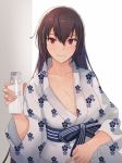  1girl bangs bath_yukata bottle breasts brown_hair closed_mouth collarbone commentary eyebrows_visible_through_hair floral_print hair_between_eyes hand_up holding holding_bottle japanese_clothes kantai_collection kasumi_(skchkko) kimono large_breasts light_smile long_hair looking_at_viewer milk milk_bottle nagato_(kantai_collection) no_bra obi red_eyes sash solo upper_body white_kimono yukata 