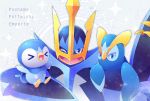  &gt;_&lt; blue_eyes character_name closed_mouth empoleon gen_4_pokemon hasuba. looking_at_viewer no_humans one_eye_closed open_mouth piplup pokemon pokemon_(creature) prinplup tongue 