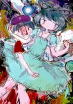  2girls abstract abstract_background aqua_dress bangs blue_eyes blue_hair colorful dress expressionless feet_out_of_frame frilled_dress frills hair_ornament hair_rings hair_stick hat hito_(nito563) jiangshi kaku_seiga miyako_yoshika multiple_girls ofuda purple_headwear red_eyes short_sleeves touhou 