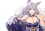  1girl animal_ear_fluff animal_ears azur_lane bare_shoulders blue_collar blue_kimono breasts collar fox_ears fox_girl huge_breasts japanese_clothes kimono kitsune kyuubi large_tail long_hair looking_at_viewer multiple_tails off-shoulder_kimono off_shoulder shika_(shika0) shinano_(azur_lane) silver_hair simple_background tail very_long_hair violet_eyes white_background white_tail wide_sleeves 