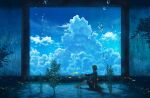  1girl air_bubble arm_at_side black_eyes blue_sky breasts brown_hair bubble clouds cloudy_sky commentary_request cumulonimbus_cloud fish glowing highres indoors kazami1304 long_sleeves original outstretched_arms plant scenery short_hair sitting sky small_breasts solo underwater window 