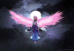  1girl blue_kimono braid braided_ponytail closed_mouth floating full_body japanese_clothes kimono moon moonlight night night_sky pink_eyes pink_hair pink_wings sky solo stefv tate_no_yuusha_no_nariagari therese_alexanderite wings 