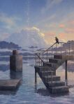  bird clouds commentary crack day glowing highres kazami1304 no_humans original outdoors railing reflection scenery sky stairs stone water waves 