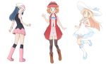  3girls black_legwear blush boots bracelet brown_footwear clenched_hands commentary_request hikari_(pokemon) dress hair_ornament hairclip hand_up hat highres jewelry kouzuki_(reshika213) light_brown_hair lillie_(pokemon) long_hair looking_at_viewer multiple_girls open_mouth over-kneehighs pink_footwear pokemon pokemon_(anime) pokemon_dppt_(anime) pokemon_sm_(anime) pokemon_xy_(anime) serena_(pokemon) shoes smile socks thigh-highs waving white_background white_dress white_headwear 