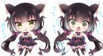  1girl :o @_@ animal_ear_fluff animal_ears bangs bare_shoulders black_hair black_legwear blue_sleeves blush bow cat_ears cat_girl cat_tail chibi commentary_request detached_sleeves eyebrows_visible_through_hair fang frilled_skirt frills green_eyes grey_hair hair_between_eyes hair_bow ichiyou_moka karyl_(princess_connect!) long_hair long_sleeves looking_at_viewer low_twintails multicolored_hair multiple_views no_shoes open_mouth princess_connect! princess_connect!_re:dive purple_bow purple_skirt shirt simple_background skirt sleeveless sleeveless_shirt sleeves_past_wrists streaked_hair tail tears thigh-highs translation_request trembling twintails v-shaped_eyebrows very_long_hair white_background white_shirt 