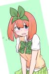  1girl bangs blue_eyes blush bow collared_shirt commentary_request eyebrows_behind_hair flying_sweatdrops go-toubun_no_hanayome green_background green_bow green_ribbon green_skirt hair_between_eyes hair_ribbon highres kujou_karasuma looking_at_viewer nakano_yotsuba open_mouth orange_hair pleated_skirt ribbon shirt short_sleeves signature skirt solo sweat sweater_vest two-tone_background wavy_mouth white_background white_shirt 