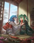  2girls :d adjusting_another&#039;s_clothes akari_(shichigatsu) blue_hair blue_sky closed_mouth fang flower green_kimono green_sash grey_kimono hagoita highres indoors japanese_clothes kimono multiple_girls obi one_side_up open_door open_mouth original paddle pink_flower red_sash sash shichigatsu sitting sky smile socks sou_(shichigatsu) wariza white_legwear yellow_eyes 