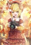  1girl :d animal_ear_fluff animal_ears autumn bangs beret blonde_hair blurry blurry_background blurry_foreground blush braid brown_eyes brown_nails camera commentary_request depth_of_field dog_ears dress erune eyebrows_visible_through_hair fence frilled_dress frilled_sleeves frills granblue_fantasy hat holding holding_camera hyouta_(yoneya) jacket leaf long_sleeves looking_at_viewer maple_leaf nail_polish off_shoulder open_clothes open_jacket open_mouth red_dress red_headwear short_sleeves smile solo vajra_(granblue_fantasy) yellow_eyes yellow_jacket 