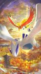  autumn_leaves building closed_mouth clouds commentary_request dated day gen_2_pokemon highres ho-oh legendary_pokemon lugia nejita no_humans outdoors pokemon pokemon_(creature) sky sun tower watermark wings 