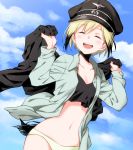  1girl agahari black_jacket blonde_hair blue_sky closed_eyes clouds commentary_request dutch_angle erica_hartmann hat highres jacket jacket_removed long_sleeves military_hat multicolored_hair navel open_clothes open_mouth open_shirt panties peaked_cap short_hair sky solo strike_witches tail two-tone_hair underwear world_witches_series yellow_panties 