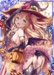  1girl akkijin alchemist_(shinkai_no_valkyrie) armpits ass back balloon bare_shoulders bat_wings blonde_hair blue_eyes bottle breasts candy card_(medium) demon_tail elbow_gloves food full_moon garters gloves hair_ornament hair_ribbon halloween halloween_costume hat hat_ribbon jack-o&#039;-lantern looking_at_viewer medium_breasts medium_hair moon night night_sky official_art open_mouth pumpkin purple_gloves red_ribbon ribbon shinkai_no_valkyrie sky spider_web_print tail thigh-highs thong twintails wings witch witch_hat 