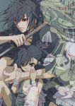  1boy 1girl absurdres black_eyes black_hair dororo_(character) dororo_(tezuka) flower highres holding holding_sword holding_weapon hyakkimaru_(dororo) isuzatakukai long_hair robe sitting sword torn_clothes weapon white_legwear 