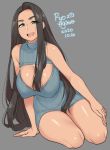  1girl 2020 agawa_ryou artist_name bare_shoulders black_hair breasts commentary dated green_eyes hair_intakes large_breasts long_hair open_mouth original signature sitting sleeveless_sweater smile solo sweater thighs very_long_hair 