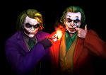  2boys arthur_fleck batman_(series) card cigarette clown facepaint fire formal glasgow_smile green_hair green_neckwear hair_dye heath_ledger holding_playing_card hoshikuzu_kizuna_(kizuna_stardust) joker_(2019) long_sleeves makeup male_focus multiple_boys necktie playing_card purple_suit red_suit smoke smoking the_dark_knight the_joker 