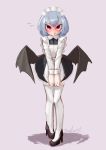  1girl alternate_costume apron bangs bat_wings black_footwear black_wings blue_hair blush closed_mouth enmaided eyebrows_visible_through_hair flying_sweatdrops full_body high_heels highres long_sleeves looking_at_viewer maid maid_headdress red_eyes remilia_scarlet short_hair signature simple_background solo standing thigh-highs touhou white_apron white_legwear wings zakozako_y 