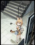  1girl animal_ears bag bangs bare_legs bare_shoulders barefoot border bow bowtie commentary_request elbow_gloves extra_ears eyebrows_visible_through_hair finger_to_mouth from_above full_body gloves hair_between_eyes high-waist_skirt holding holding_stuffed_toy i_love_serval japari_symbol kemono_friends looking_to_the_side medium_hair oekaki orange_hair print_bow print_gloves print_skirt serval_(kemono_friends) serval_ears serval_print serval_tail shirt shoes shoulder_bag sign single_shoe skirt solo stairs standing stuffed_animal stuffed_toy tail tile_floor tiles yellow_eyes 