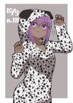  1girl animal_costume arm_up bangs blush claw_pose collarbone commentary_request dalmatian_print dark_skin dated dog_costume eyebrows_visible_through_hair fate/prototype fate/prototype:_fragments_of_blue_and_silver fate_(series) flying_sweatdrops grey_background hair_between_eyes hand_up hassan_of_serenity_(fate) highres i.u.y long_sleeves looking_at_viewer parted_lips purple_hair sleeves_past_wrists solo standing two-tone_background violet_eyes white_background 