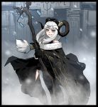  1girl black_border black_cloak black_gloves blue_eyes border circlet cloak curled_horns gloves gogalking grey_hair hair_tubes hairband highres holding holding_staff horns long_hair looking_at_viewer low-tied_long_hair original outdoors parted_lips sheep_girl_(gogalking) sheep_horns smile snow solo staff standing 
