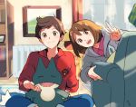  1boy 1girl armchair bangs blue_pants brown_hair cardigan chair closed_mouth collared_shirt gen_4_pokemon gloria_(pokemon) grey_cardigan hood hood_down hoodie indian_style indoors kotone_ranmaru long_sleeves looking_at_viewer looking_back medium_hair munchlax open_mouth pants picture_(object) pink_shirt pokemon pokemon_(creature) pokemon_(game) pokemon_swsh red_shirt shirt short_hair sitting sleeves_rolled_up smile v victor_(pokemon) window 
