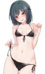  1girl ass_visible_through_thighs bikini black_bikini black_hair black_ribbon blush breasts collarbone commentary_request fang hair_ribbon highres love_live! love_live!_nijigasaki_high_school_idol_club micro_bikini mifune_shioriko nasuno_(nasuno42) navel open_mouth red_eyes ribbon short_hair side-tie_bikini simple_background small_breasts solo swimsuit white_background 