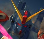  artist_name atsajh blue_destiny_02 close-up glowing glowing_eyes gundam gundam_side_story:_the_blue_destiny highres looking_down mecha no_humans red_eyes science_fiction solo v-fin 