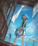  2girls :d akari_(shichigatsu) beach beach_umbrella blue_hair blue_sky blue_swimsuit closed_eyes clouds cloudy_sky day facing_viewer green_hair hand_up highres holding_lifebuoy lifebuoy multiple_girls name_tag night one-piece_swimsuit open_mouth original outdoors school_swimsuit shichigatsu short_hair sky smile sou_(shichigatsu) stretch swimsuit umbrella 