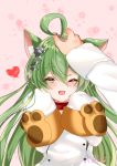  1boy 1girl ;d absurdres ahoge akashi_(azur_lane) animal_ear_fluff animal_ears azur_lane bangs blush brown_eyes cat_ears commander_(azur_lane) commentary_request dress eyebrows_visible_through_hair green_hair hair_between_eyes hair_ornament half-closed_eye hands_up heart highres long_hair long_sleeves looking_at_viewer nako_nya one_eye_closed open_mouth out_of_frame petting signature sleeves_past_fingers sleeves_past_wrists smile very_long_hair white_dress 