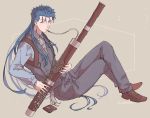  1boy bassoon blue_hair collared_shirt cu_chulainn_(fate)_(all) cu_chulainn_(fate/grand_order) dress_shoes earrings fate/grand_order fate_(series) full_body instrument jewelry long_hair male_focus music pants playing_instrument red_eyes shirt solo tozakuro_s type-moon vest 