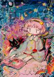  1girl abstract abstract_background bangs black_cat book cat collared_shirt colorful eyeball eyebrows_visible_through_hair heart hito_(nito563) komeiji_satori long_sleeves open_book pink_hair rainbow shirt short_hair smile solo third_eye touhou upper_body 