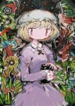  1girl abstract abstract_background blonde_hair book bug butterfly collared_dress dress flower frilled_hat frills hat hito_(nito563) holding holding_book insect long_sleeves maribel_hearn mob_cap purple_dress red_eyes short_hair solo touhou upper_body white_headwear yellow_flower 