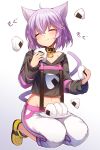  1girl absurdres ahoge animal_ears baggy_pants black_hoodie blush brown_collar cat_ears cat_girl cat_tail collar commentary_request crop_top eating food hair_between_eyes highres holding holding_food hololive hood hoodie kneeling midriff mou_tama_maru navel nekomata_okayu onigiri pants purple_hair shoes short_hair sneakers solo tail white_pants yellow_footwear 