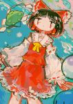  1girl abstract_background bangs black_hair bow detached_sleeves expressionless feet_out_of_frame hair_bow hakurei_reimu hito_(nito563) holding japanese_clothes miko red_bow red_eyes red_ribbon red_skirt ribbon ribbon_trim short_hair skirt solo touhou yellow_neckwear 
