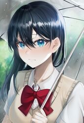  1girl :| absurdres bangs beige_sweater_vest black_hair blue_eyes blurry blurry_background bow bowtie closed_mouth collarbone collared_shirt commentary day ffflilil hair_between_eyes highres holding holding_umbrella light_blush long_hair looking_at_viewer original outdoors rain red_neckwear shiny shiny_hair shirt short_sleeves signature solo sweater_vest symbol_commentary transparent transparent_umbrella umbrella upper_body white_shirt wing_collar 