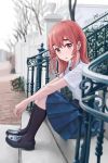  1girl absurdres bangs black_footwear black_legwear blue_skirt bow braid hair_bow highres kanojo_okarishimasu kneehighs knees_up outdoors parted_lips plant railing red_eyes redhead sakurasawa_sumi shirt shoes sitting skirt stairs thick_eyebrows tree white_shirt zeng$_(zwj) 