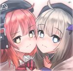  2girls aa-12_(girls_frontline) absurdres ahoge bangs beret blue_eyes blunt_bangs blush cheek-to-cheek eyebrows_visible_through_hair girls_frontline grey_hair hat heart heart-shaped_pupils highres hiromaster_sinta_jh huge_filesize looking_at_viewer medium_hair mp7_(girls_frontline) multiple_girls redhead sidelocks symbol-shaped_pupils yellow_eyes 