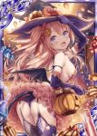  1girl akkijin alchemist_(shinkai_no_valkyrie) armpits ass back balloon bare_shoulders bat_wings blue_eyes bottle breasts brown_hair candy card_(medium) demon_tail elbow_gloves food full_moon garters gloves hair_ornament halloween halloween_costume hat hat_ribbon jack-o&#039;-lantern looking_at_viewer medium_breasts medium_hair moon night night_sky official_art open_mouth orange_ribbon pumpkin purple_gloves ribbon shinkai_no_valkyrie sky spider_web_print tail thigh-highs thong twintails wings witch witch_hat 