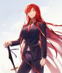  black_suit business_suit fate/grand_order fate_(series) formal hair_over_one_eye highres jacket long_hair looking_at_viewer necktie oda_nobunaga_(fate) oda_nobunaga_(fate)_(all) oda_nobunaga_(maou_avenger)_(fate) pant_suit red_eyes redhead shiobana smile solo suit sword weapon 