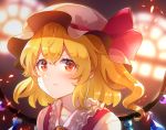  1girl 60mai :t bangs blonde_hair blurry blurry_background blush commentary crystal eyelashes flandre_scarlet frilled_shirt_collar frills hat hat_ribbon indoors light_particles looking_at_viewer medium_hair mob_cap one_side_up portrait pout red_eyes red_ribbon ribbon solo touhou v-shaped_eyebrows window wings yellow_neckwear 