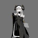  1girl black_coat black_gloves blue_eyes closed_mouth coat curled_horns gloves gogalking grey_background grey_hair hairband highres horn_ornament horn_ring horns long_hair looking_at_viewer low-tied_long_hair original sheep_girl_(gogalking) simple_background sketch smile solo standing 