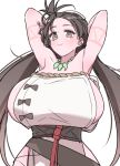  1girl akitokage01 armpits arms_behind_head arms_up bare_shoulders blush body_markings breasts brown_eyes brown_hair closed_mouth dress fate/grand_order fate_(series) himiko_(fate) huge_breasts long_hair looking_at_viewer magatama magatama_necklace sash side_slit sideboob smile topknot twintails white_dress 