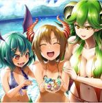  3girls bikini breasts grand_summoners horns large_breasts leone(grand_summoners) multiple_girls riviera(grand_summoners) rosseta(grand_summoners) seashell shell smile swimsuit 