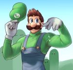  1boy big_nose blue_eyes blue_overalls blue_sky brown_hair commentary day english_commentary facial_hair gloves green_headwear green_sweater hat hat_removed headwear_removed highres luigi male_focus manly super_mario_bros. mountainous_horizon mustache sky solo sweat sweater thick_eyebrows turtleneck turtleneck_sweater wamudraws white_gloves wiping_sweat 